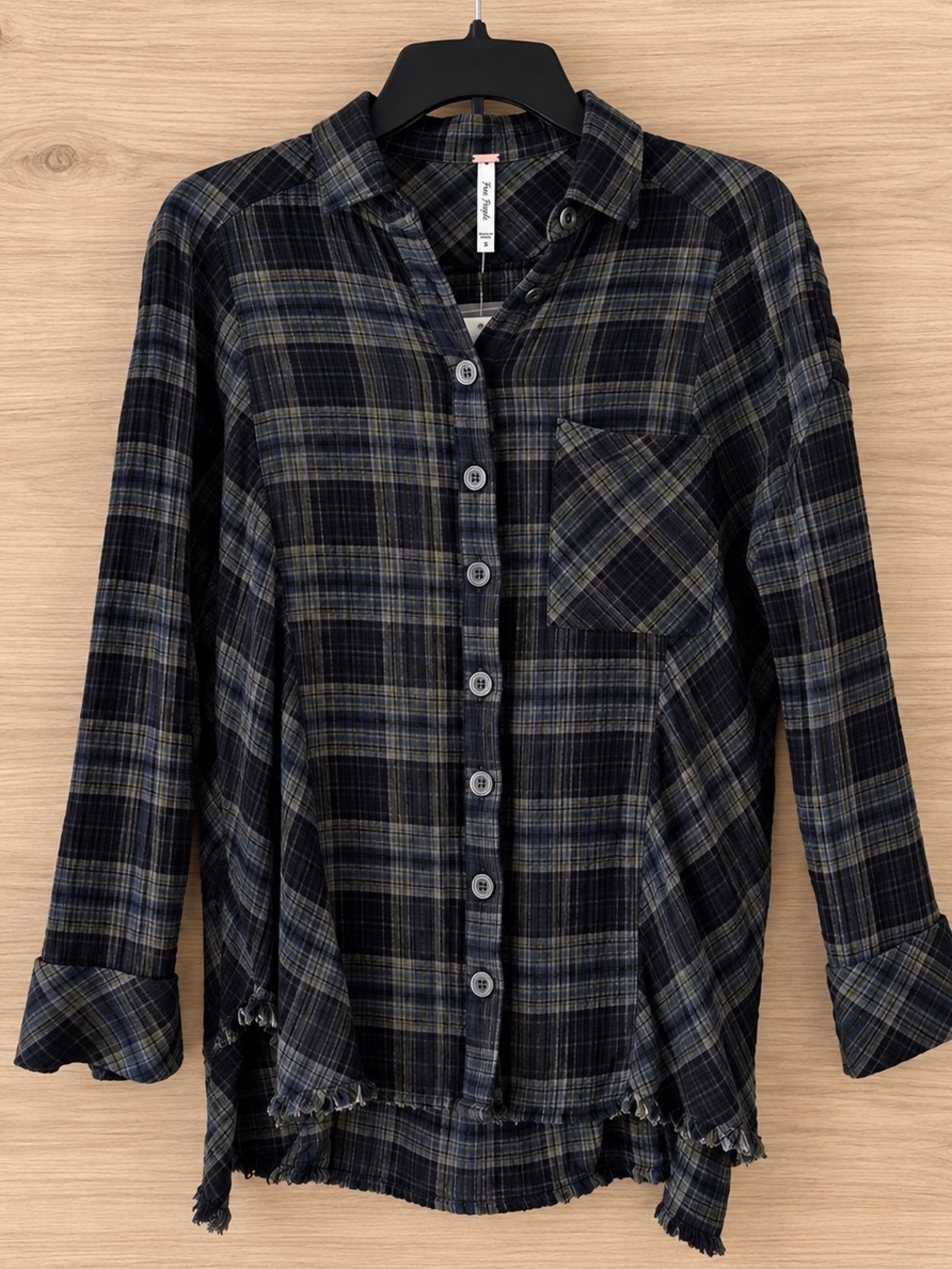 NWT Free People XS Plaid Flannel Blue Khaki Purple Button Front 100% Cotton Boho - Picture 2 of 7